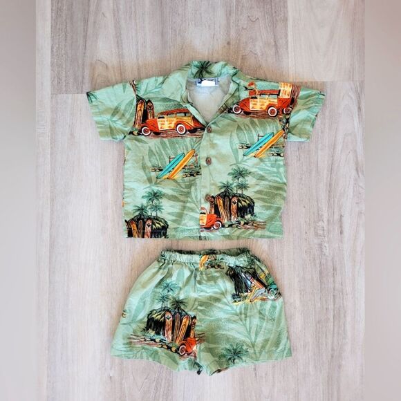 RJC Sportswear Kids Hawaiian Outfit Set Tropical Vacation Size 18 Months Green - Picture 1 of 7